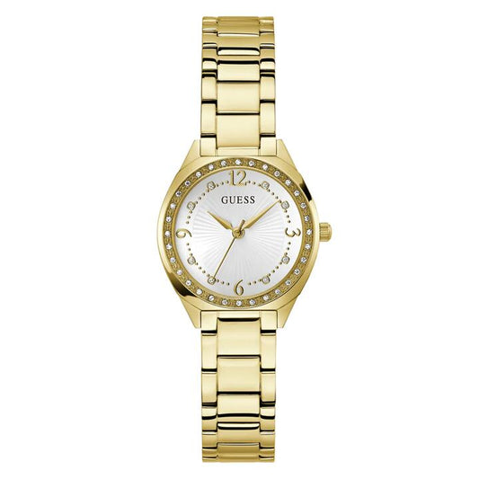 Image of a model wearing Dress. Productname: Guess Dress Charlotte Dress Gold-Tone Crystal Bezel Women's Watch GW0767L2 in Watch colour by brand - Guess