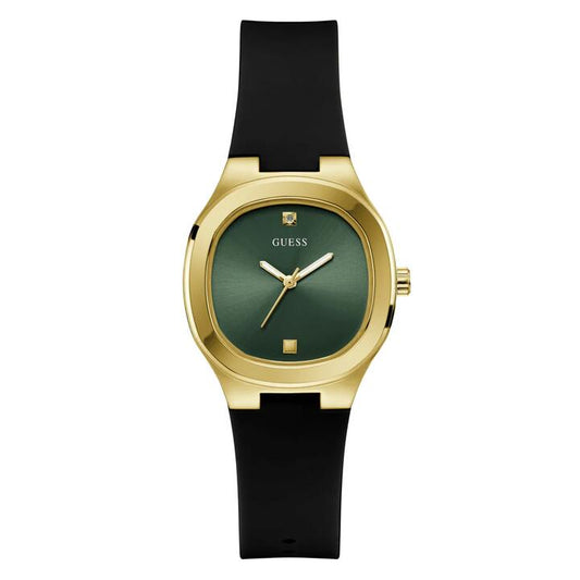 Image of a model wearing Dress. Productname: Guess Dress Eve Dress Gold Tone Black Silicone Watch GW0658L1 in Watch colour by brand - Guess