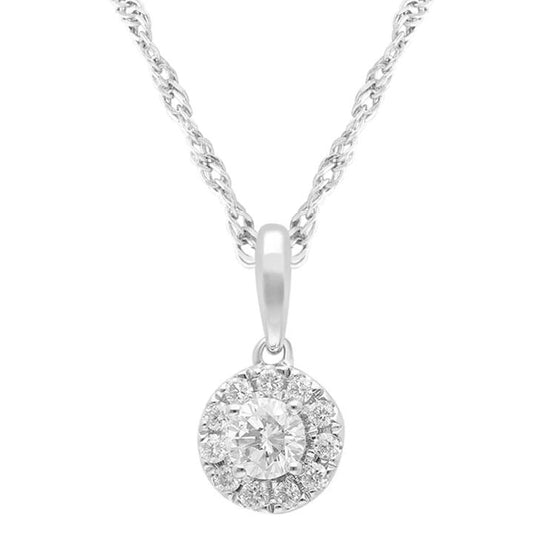 Image of Necklaces. Productname: 45cm Halo Solitaire Necklace with 0.50tw of Laboratory-Grown Diamonds in Sterling Silver and Platinum in Diamond colour by brand - Bevilles