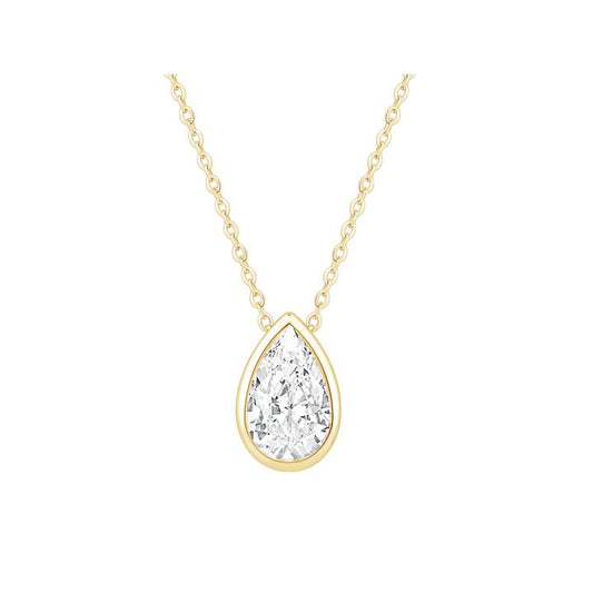 Image of Necklaces. Productname: Pear Cut Solitaire Necklace with 1/2ct of Laboratory Grown Diamonds in 9kt Yellow Gold in Diamond colour by brand - Bevilles