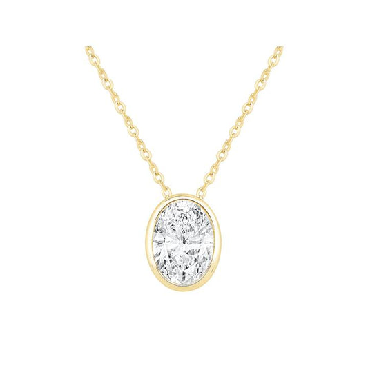 Image of Necklaces. Productname: Oval Cut Solitaire Necklace with 1/2ct of Laboratory Grown Diamonds in 9kt Yellow Gold in Diamond colour by brand - Bevilles