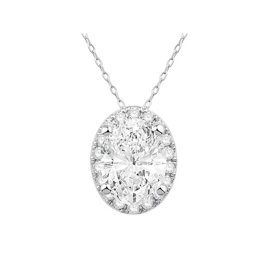 Image of Necklaces. Productname: Oval Halo Necklace with 1.10kt of Laboratory Grown Diamonds in 9kt White Gold in Diamond colour by brand - Bevilles