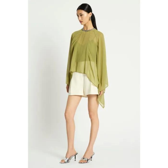 Image of a model wearing Tops. Productname: Claret Top in Olive colour by brand - sass and bide
