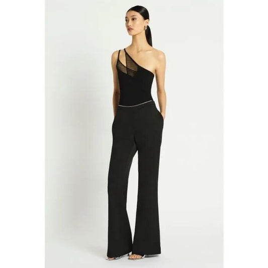 Image of a model wearing Tops. Productname: Gigi Lace Trim Knit Cami in Black colour by brand - sass and bide