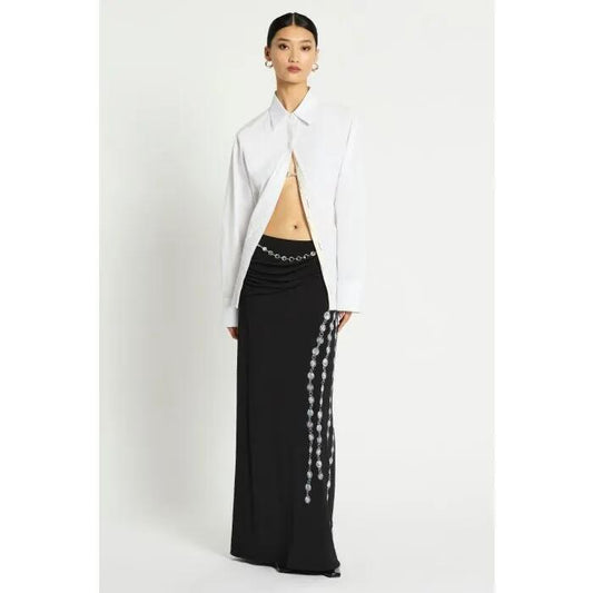 Image of a model wearing Skirts. Productname: Illusions Maxi Skirt in SILVER/PRINT colour by brand - sass and bide
