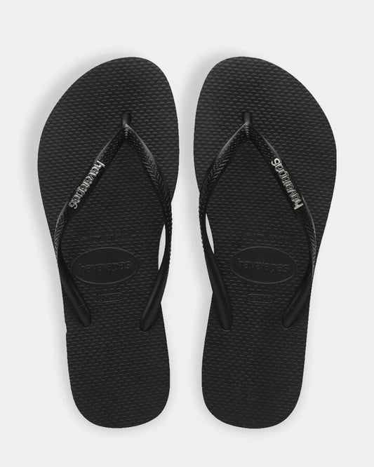 Image of Sandals. Productname: Havaianas - Womens Slim Metal Logo Thongs - Black/Silver - in Black/Silver colour by brand - Havaianas