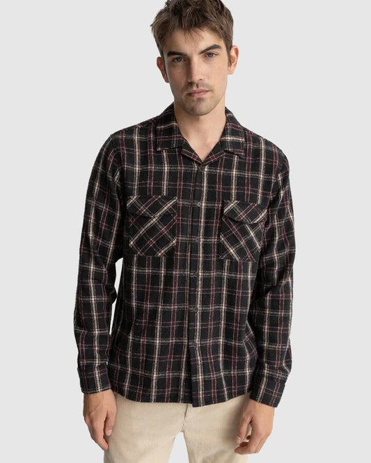 Image of a model wearing Tops. Productname: Rhythm - Mens Check Long Sleeve Shirt - Rust - in Rust colour by brand - Rhythm