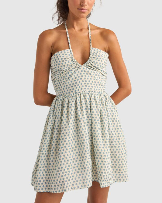 Image of a model wearing Tops. Productname: Rhythm - Womens Harper Halter Mini Dress - Blue Floral - in Blue Floral colour by brand - Rhythm