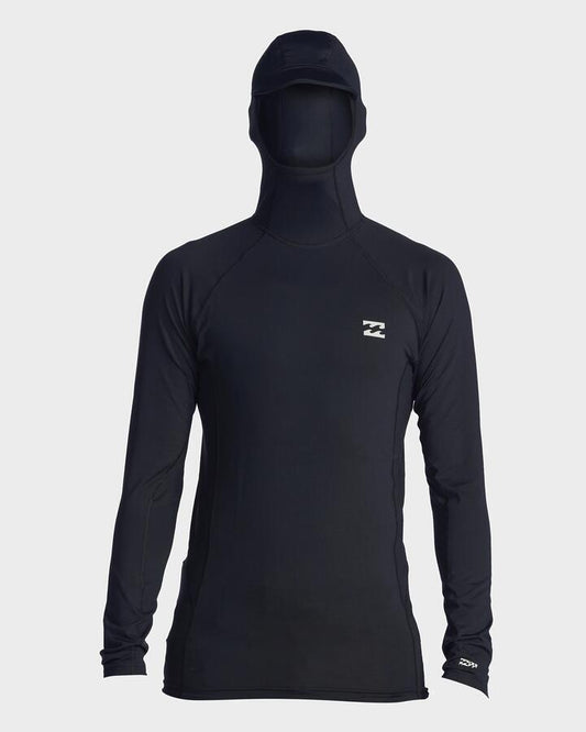 Image of a model wearing Tops. Productname: Billabong Mens Strike Mission Hooded Long Sleeve Rash Vest Black - in Black colour by brand - Billabong