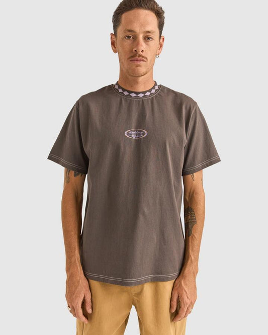 Image of a model wearing Tops. Productname: Rhythm Mens Flow Vintage Short Sleeve T-Shirt Charcoal - in Charcoal colour by brand - Rhythm