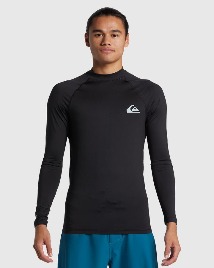 Image of a model wearing Tops. Product name - Quiksilver Mens Everyday Long Sleeve Upf 50 Rash Vest Black in Black colour by brand - Quiksilver