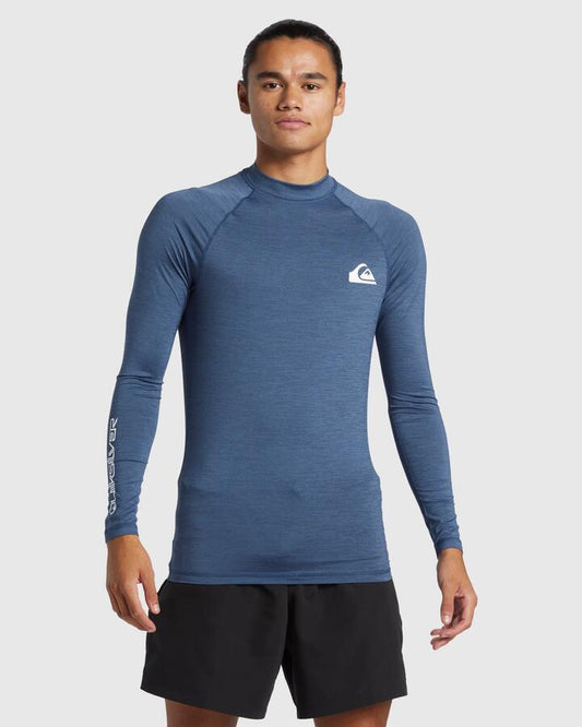 Image of a model wearing Tops. Productname: Quiksilver - Mens Everyday Long Sleeve Upf 50 Rash Vest - Vintage Indigo Heather - in Vintage Indigo Heather colour by brand - Quiksilver