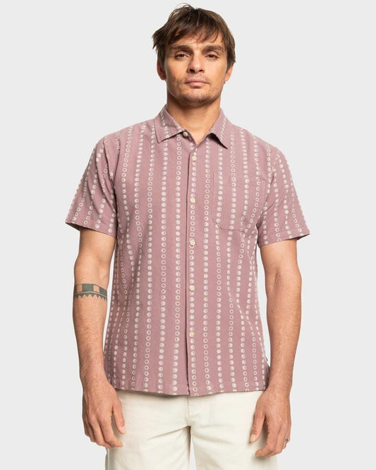 Image of a model wearing Tops. Productname: Quiksilver Mens Lunar Phases Casual Short Sleeve Shirt Grape Shake Lunar Phase Casual - in Grape Shake Lunar Phase Casual colour by brand - Quiksilver