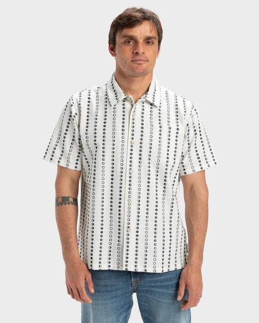 Image of a model wearing Tops. Productname: Quiksilver Mens Lunar Phases Casual Short Sleeve Shirt Marshmellow Lunar Phase Casual - in Marshmellow Lunar Phase Casual colour by brand - Quiksilver