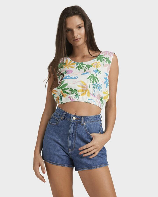 Image of a model wearing Tops. Productname: Roxy - Womens Surfari Crop Top - Egret Surfari - in Egret Surfari colour by brand - Roxy