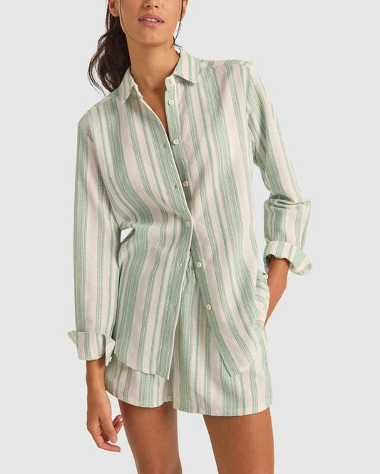 Image of Shirts. Productname: Rhythm Womens Dinero Stripe Beach Shirt Green - in Green colour by brand - Rhythm