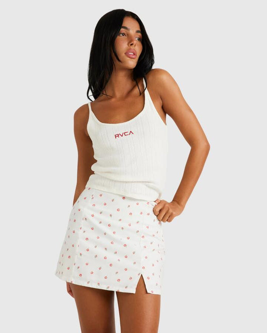 Image of a model wearing Skirts. Productname: RVCA - Womens Bud Mini Skirt - Cloud - in Cloud colour by brand - RVCA