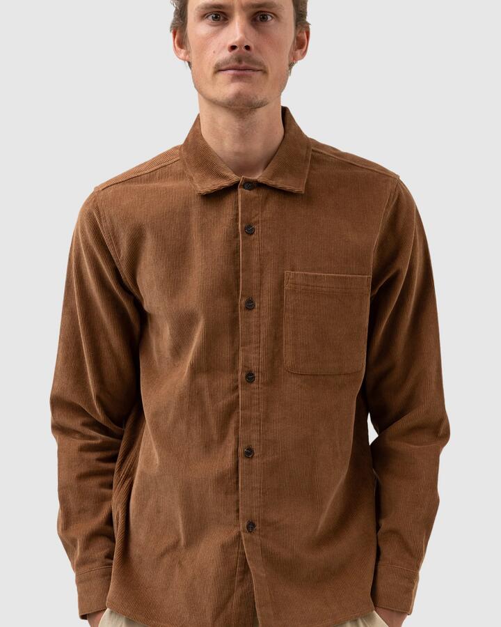 Image of a model wearing Tops. Productname: Rhythm - Mens Corduroy Long Sleeve Shirt - Brown - in Brown colour by brand - Rhythm