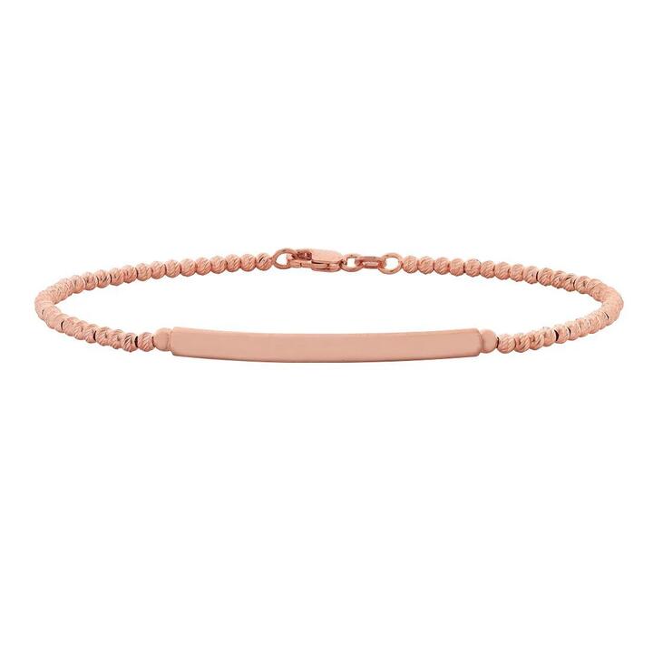 Image of Bracelets. Productname: 9kt Rose Gold Silver Filled Rolo Bead ID bracelet in Gold colour by brand - Bevilles