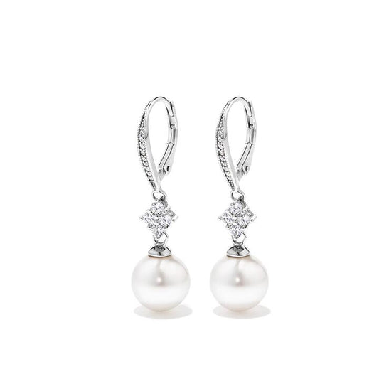 Image of Earrings. Product name - Synthetic Pearl Hoop Earrings with Cubic Zirconia in Sterling Silver in colour by brand - Bevilles
