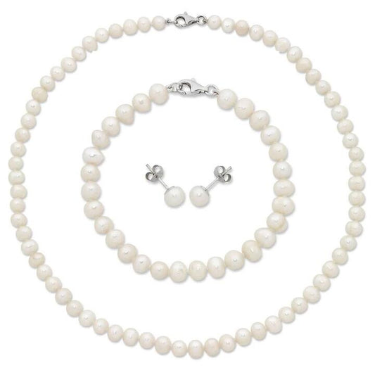 Image of Bracelets. Productname: White Freshwater Pearl Necklace, Bracelet and Earring Set in Sterling Silver in Silver colour by brand - Bevilles