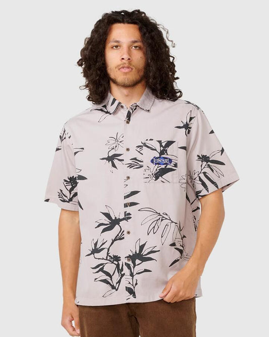 Image of a model wearing Tops. Productname: Rip Curl - Mens Heritage Diamond Short Sleeve Shirt - Stone - in Stone colour by brand - Rip Curl