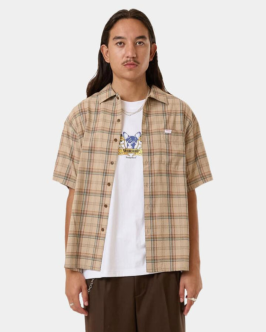 Image of a model wearing Tops. Productname: Worship - Mens Hank Short Sleeve Shirt - Grey - in Grey colour by brand - Worship