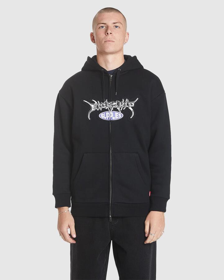 Image of a model wearing Outerwear. Product name - Worship Mens Deliverance Zip Up Hoodie Black in Black colour by brand - Worship