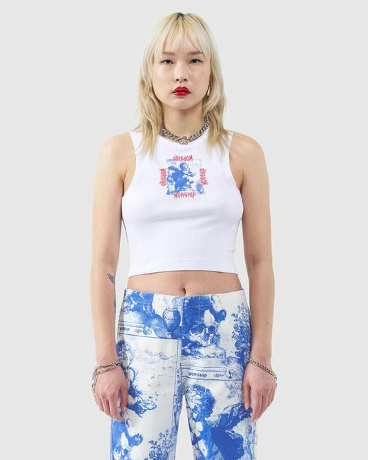 Image of a model wearing Tops. Productname: Worship - Womens Heavenly Tiny Tank Top - White - in White colour by brand - Worship