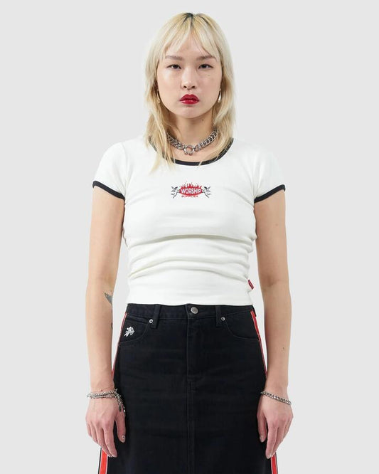 Image of T-Shirts. Product name - Worship Womens Hot Plate Slim Ringer T-Shirt Bone in Bone colour by brand - Worship