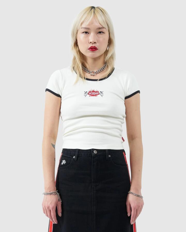 Image of T-Shirts. Product name - Worship Womens Hot Plate Slim Ringer T-Shirt Bone in Bone colour by brand - Worship