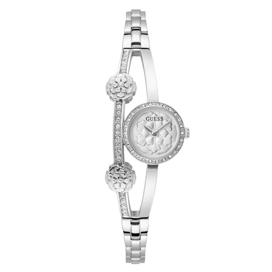 Image of Jewelry. Productname: Guess Bejewelled Chloe Bejewelled Silver-Tone Floral Bangle Women's Watch GW0756L1 in Watch colour by brand - Guess