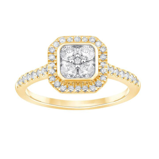 Image of Jewelry. Productname: Cushion Halo Ring with 1/2ct of Diamonds in 9kt Yellow Gold in Diamond colour by brand - Bevilles