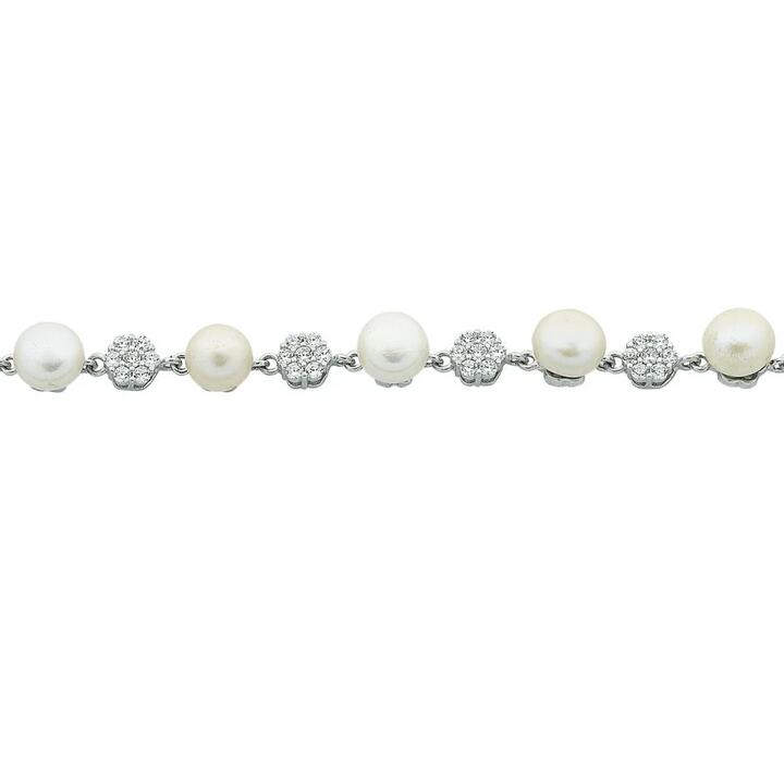 Image of Bracelets. Product name - 20cm Freshwater Pearl and Flower Cubic Zirconia Bracelet in Sterling Silver in colour by brand - Bevilles
