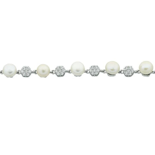 Image of Bracelets. Productname: Sterling Silver Freshwater Pearl & Cubic Zirconia Bracelet in Silver colour by brand - Bevilles