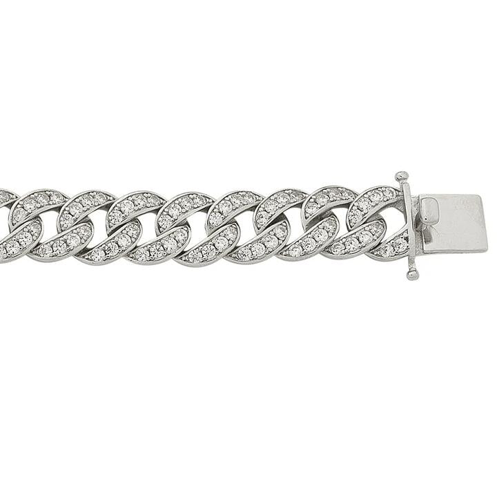 Image of Bracelets. Product name - 19cm 9mm Width Cubic Zirconia Pave Set Curb Bracelet in Sterling Silver in colour by brand - Bevilles