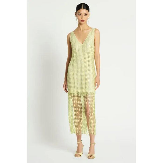 Image of a model wearing Dress. Productname: Pinnacle Lace Dress in LIME colour by brand - sass and bide