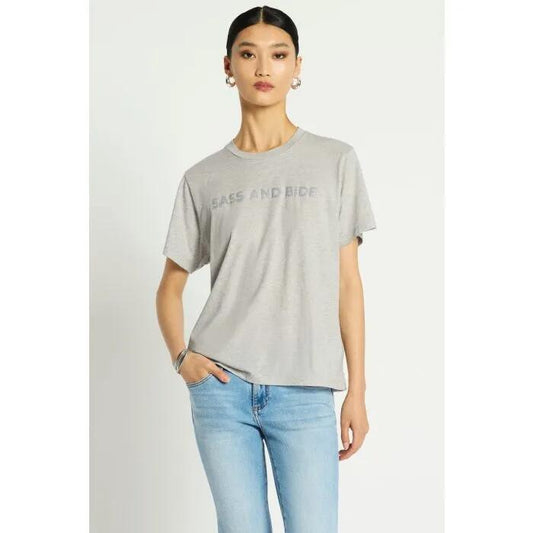 Image of a model wearing Tops. Productname: Rylie Sequin Logo Tee in Grey Marle colour by brand - sass and bide