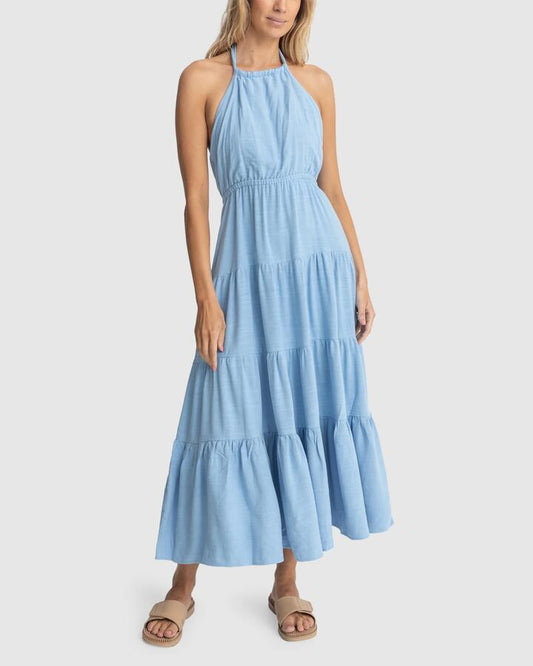 Image of a model wearing Tops. Productname: Rhythm - Womens Seacoast Halter Tiered Maxi Dress - Sky - in Sky colour by brand - Rhythm