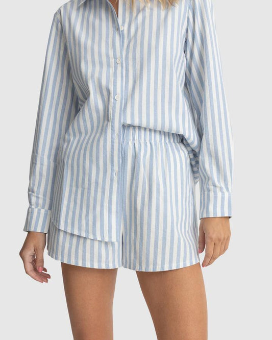 Image of a model wearing Shorts. Productname: Rhythm - Womens Shoreline Stripe Elastic Waist Shorts - Sky - in Sky colour by brand - Rhythm