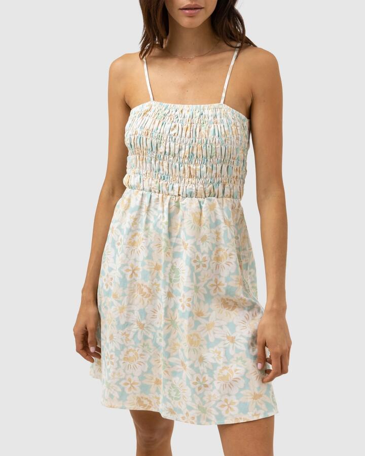 Image of Dresses. Productname: Rhythm - Womens Paloma Floral Smocked Mini Dress - Aqua Haze - in Aqua Haze colour by brand - Rhythm
