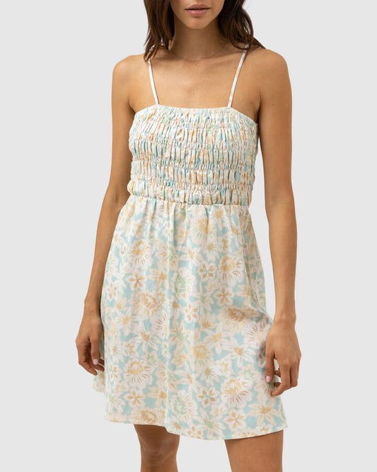 Image of Dresses. Productname: Rhythm - Womens Paloma Floral Smocked Mini Dress - Aqua Haze - in Aqua Haze colour by brand - Rhythm