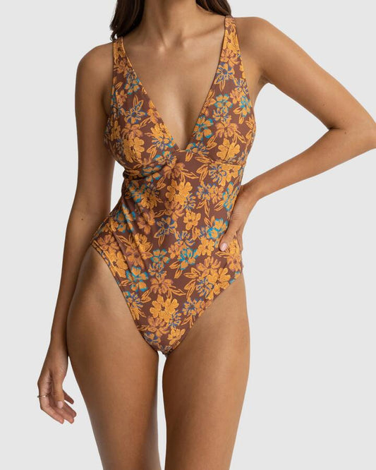 Image of Swimwear. Productname: Rhythm - Womens Oasis Floral Classic One Piece Swimsuit - Chocolate - in Chocolate colour by brand - Rhythm