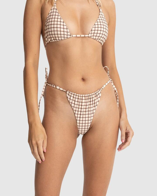 Image of Swimwear. Productname: Rhythm - Womens Rumi Check Gathered Tie Side Itsy Bikini Bottoms - Natural - in Natural colour by brand - Rhythm