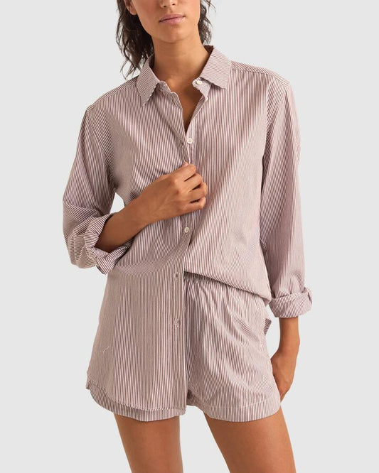 Image of Shirts. Productname: Rhythm Womens Zephyr Stripe Beach Shirt Chocolate - in Chocolate colour by brand - Rhythm
