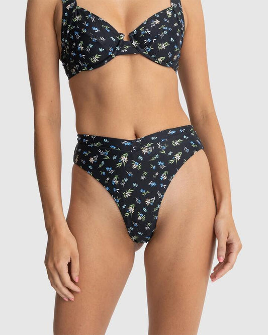Image of Swimwear. Productname: Rhythm - Womens Fleur Floral Deep V Hi Waist Bikini Bottoms - Black - in Black colour by brand - Rhythm