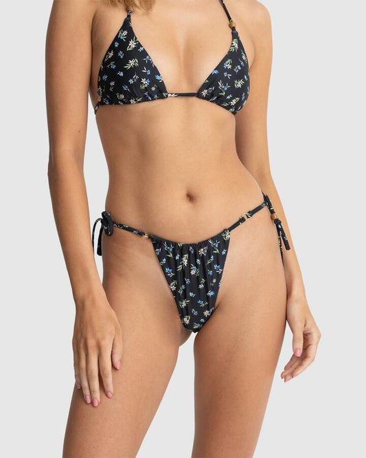 Image of Swimwear. Productname: Rhythm - Womens Fleur Floral Gathered Tie Side Itsy Bikini Bottom - Black - in Black colour by brand - Rhythm