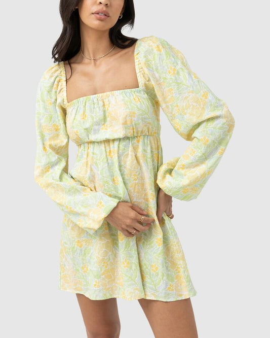 Image of a model wearing Tops. Productname: Rhythm - Womens Magnolia Floral Long Sleeve Mini Dress - Fern - in Fern colour by brand - Rhythm