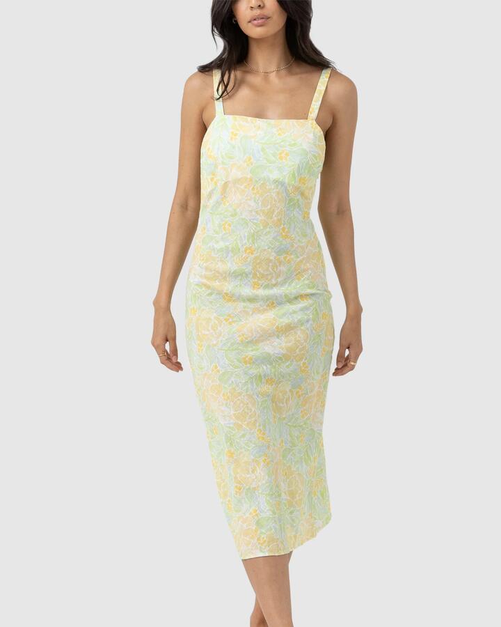 Image of Dresses. Product name - Rhythm Womens Magnolia Floral Bias Midi Dress Fern in Fern colour by brand - Rhythm
