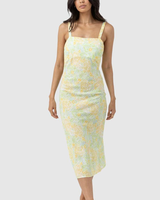 Image of Dresses. Product name - Rhythm Womens Magnolia Floral Bias Midi Dress Fern in Fern colour by brand - Rhythm